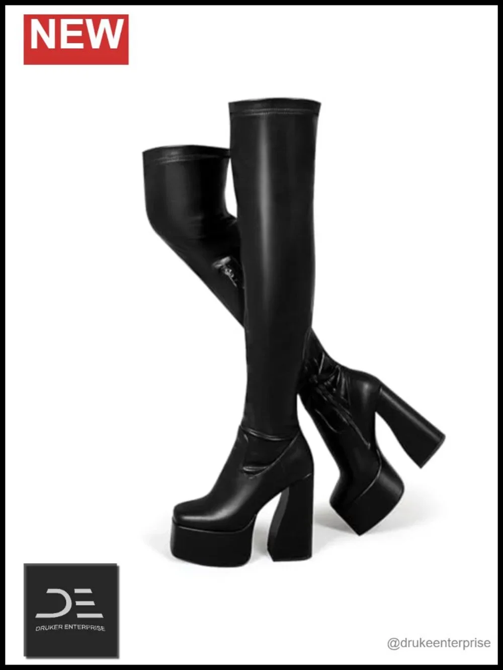 Thigh High Boots for Women Chunky Heel Platform Square Toe Over Knee Stretch PU